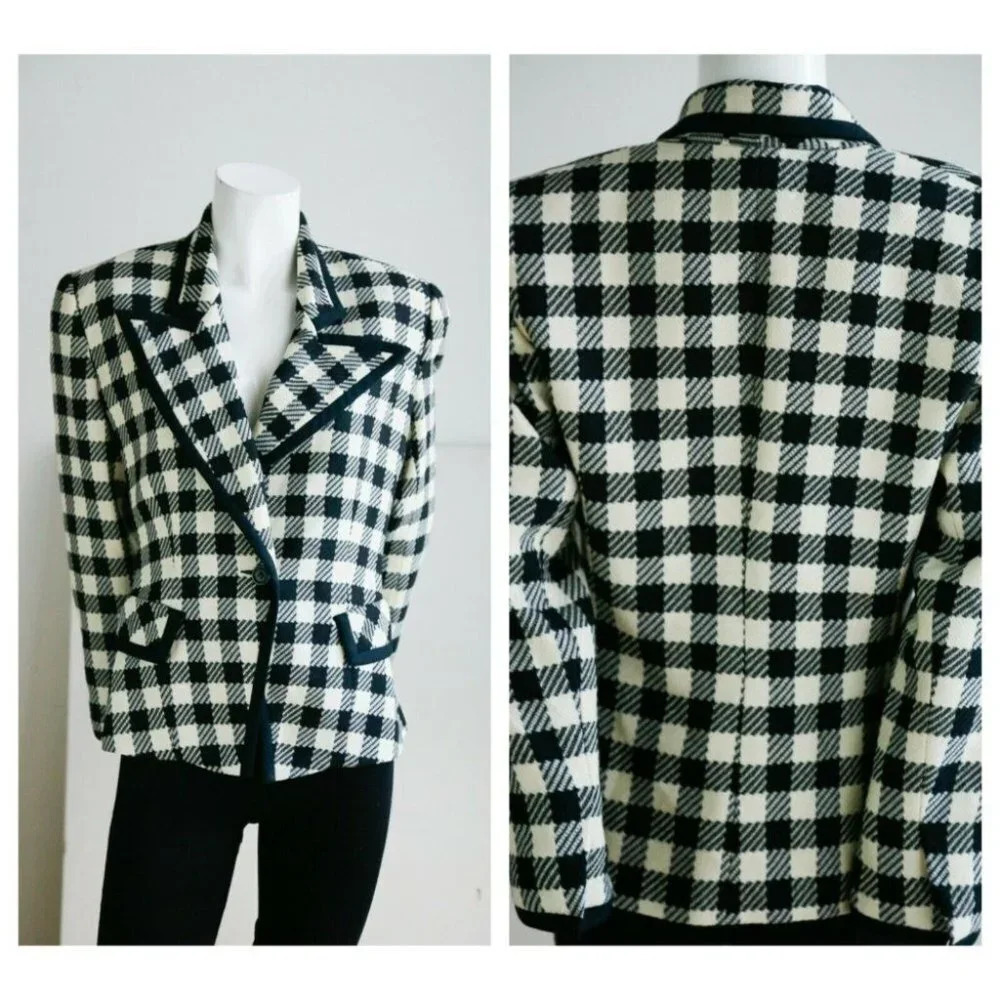 Vintage Wool Black White PlAid Notched Collar Fitted Cropped Chic Blazer M